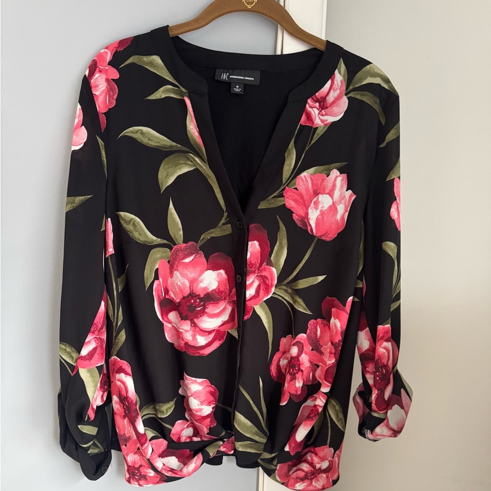 INC International Concepts Black and Pink Floral Blouse